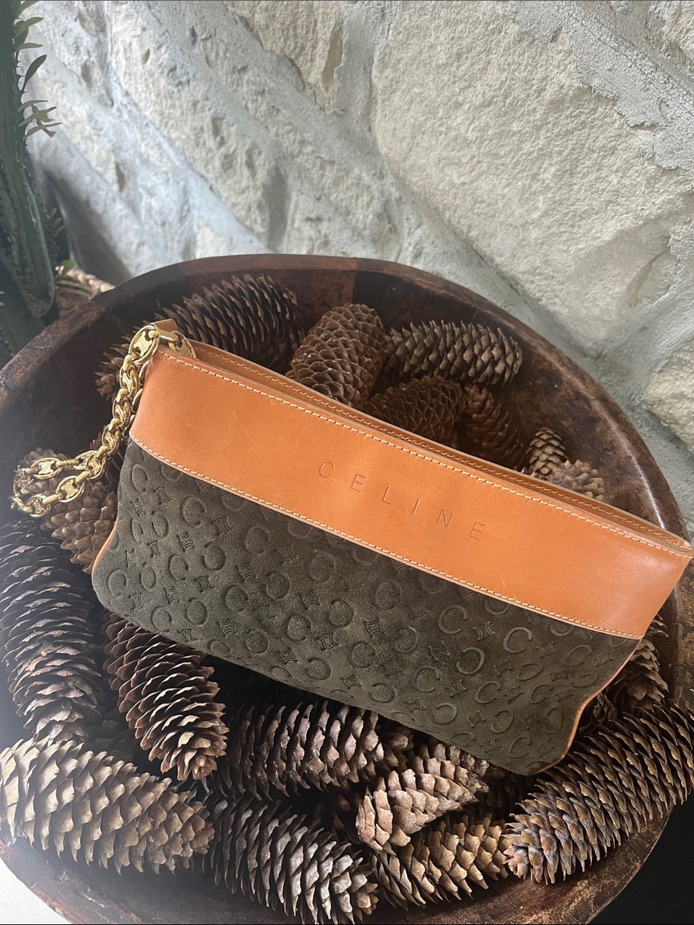 CELINE Authentic Macadam Vintage Suede Leather Clutch with Gold Chain